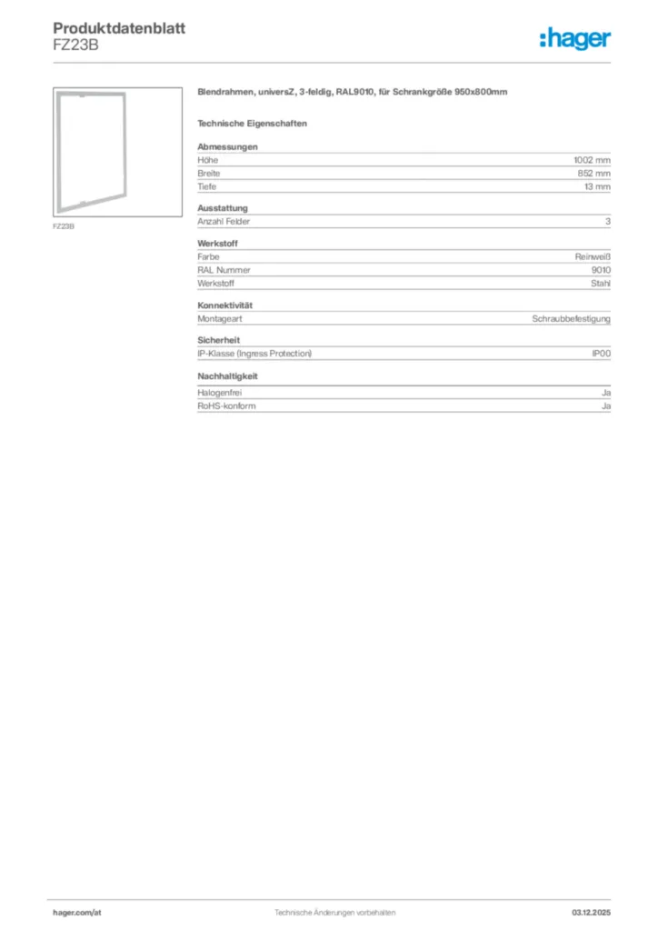 Bild Hager Produktdatenblatt FZ23B | Hager Deutschland