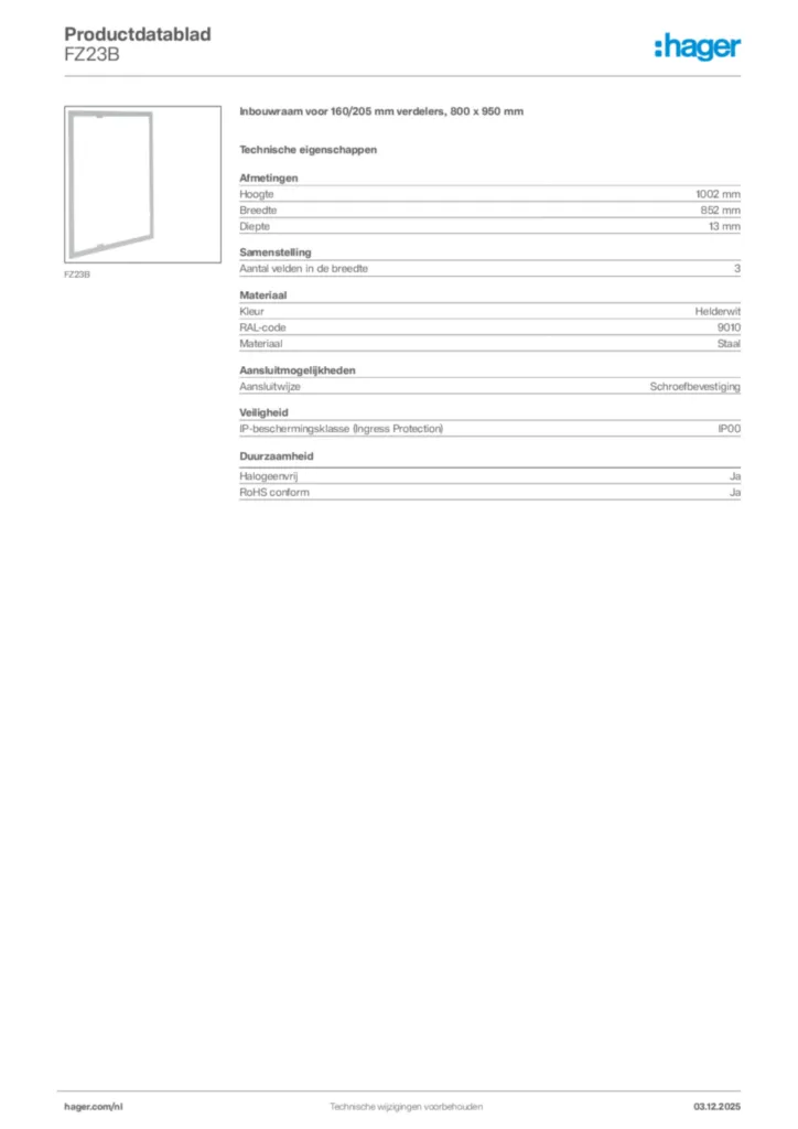 Afbeelding Hager Productdatablad FZ23B | Hager Nederland