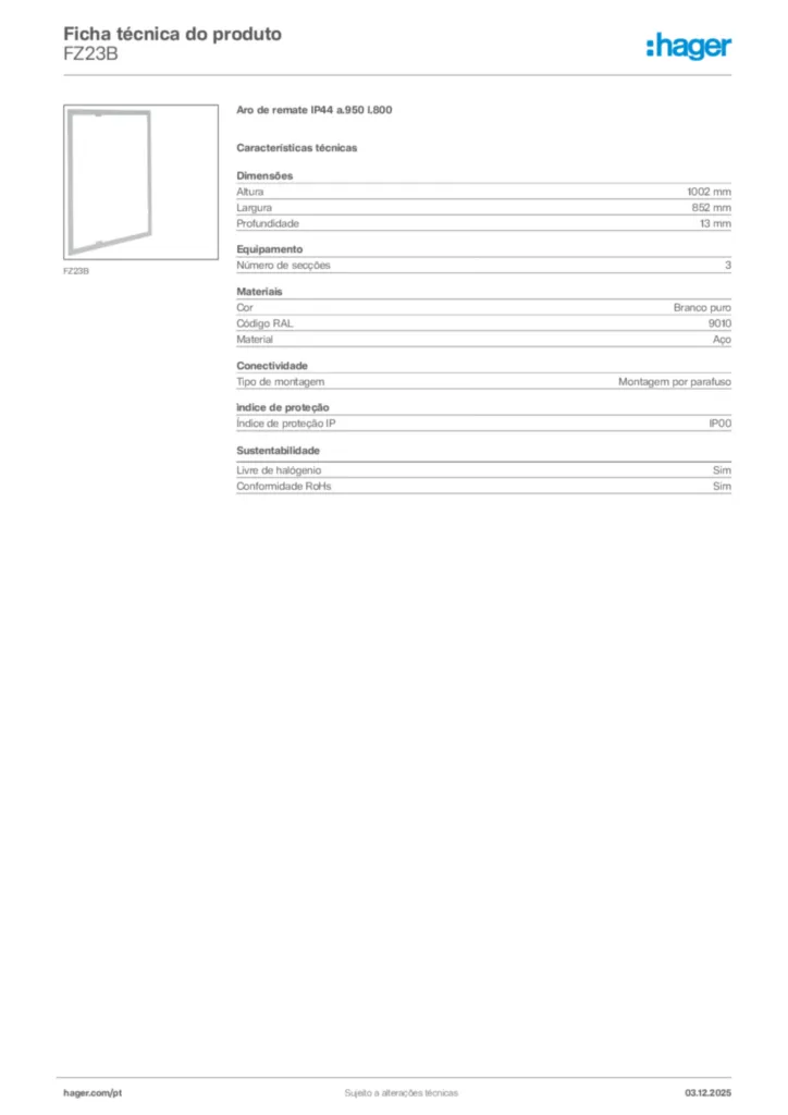 Imagem Hager Ficha técnica do produto FZ23B | Hager Portugal