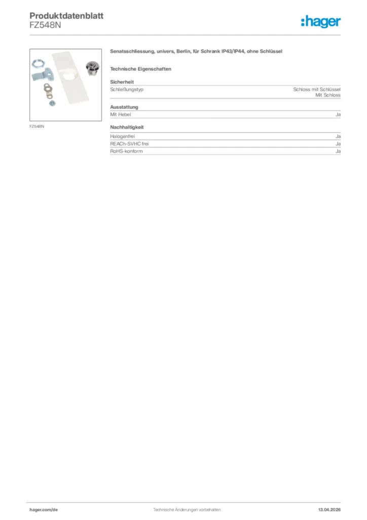 Bild Hager Produktdatenblatt FZ548N | Hager Deutschland