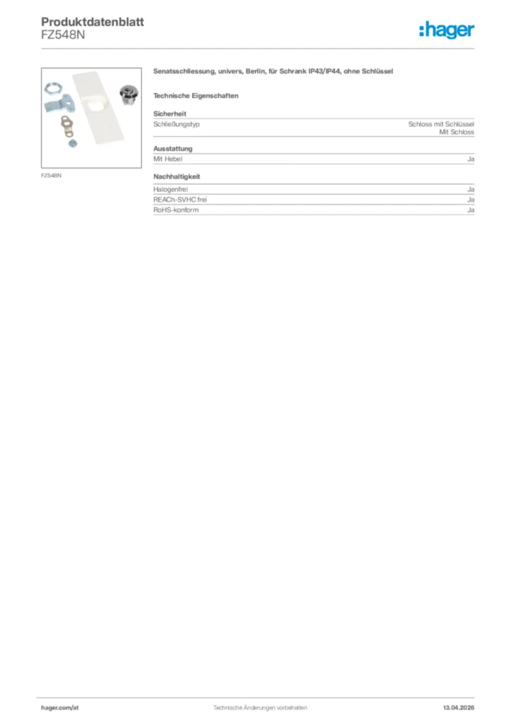 Bild Hager Produktdatenblatt FZ548N | Hager Deutschland