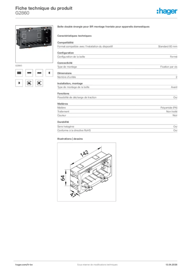 Image Hager Fiche technique du produit G2860 | Hager Belgique