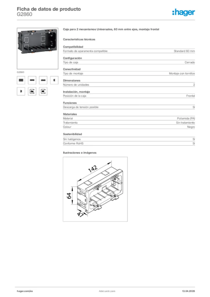 Imagen Hager Ficha de datos de producto G2860 | Hager España