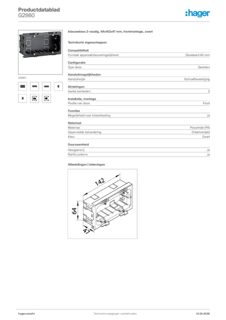 Afbeelding Hager Productdatablad G2860 | Hager Nederland