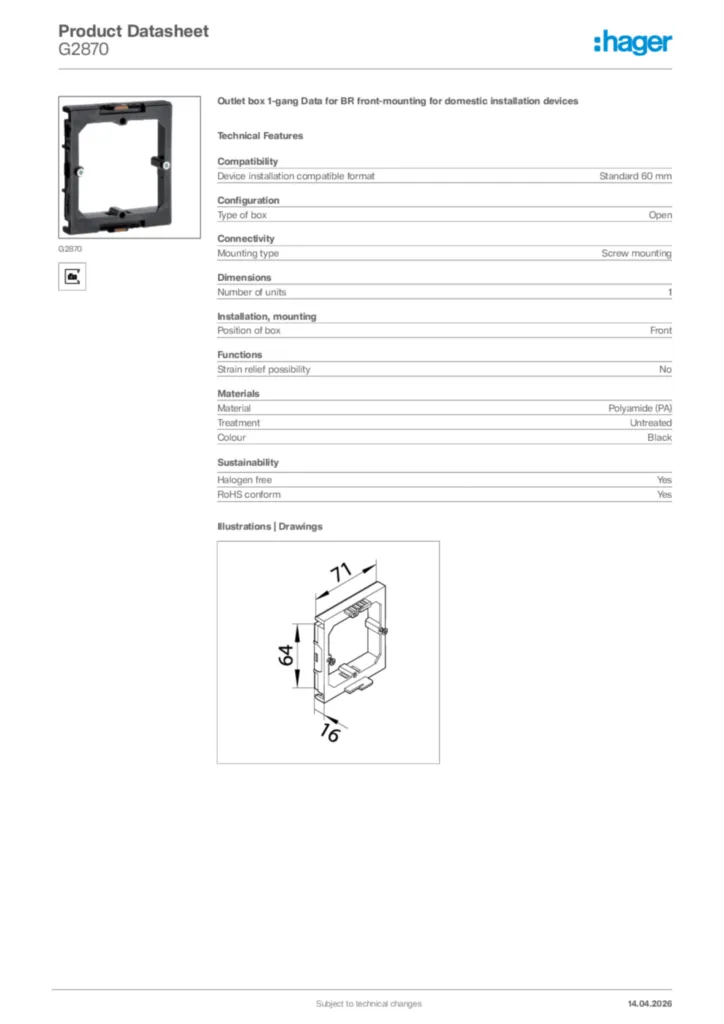Image Hager Product data sheet G2870  | Hager Africa