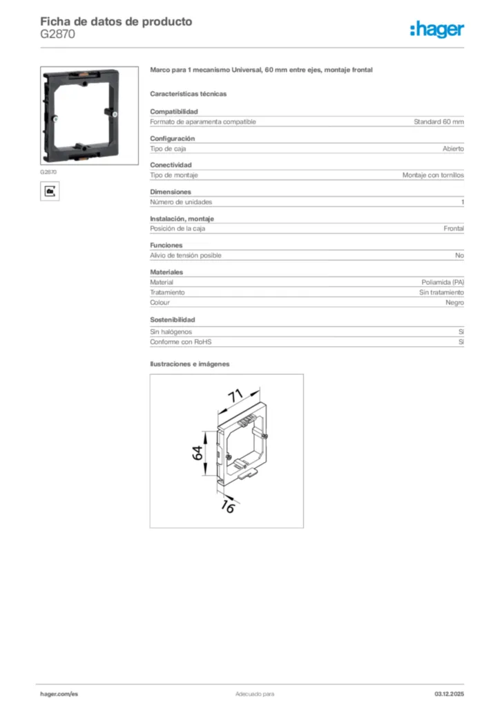 Imagen Hager Ficha de datos de producto G2870 | Hager España