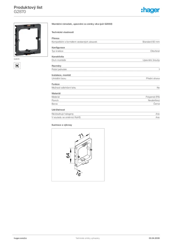 Obrázek Hager Product data sheet G2870 | Hager