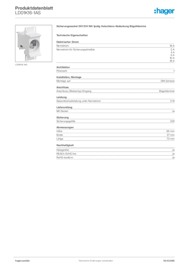 Bild Hager Produktdatenblatt LD01K16-1AS | Hager Deutschland