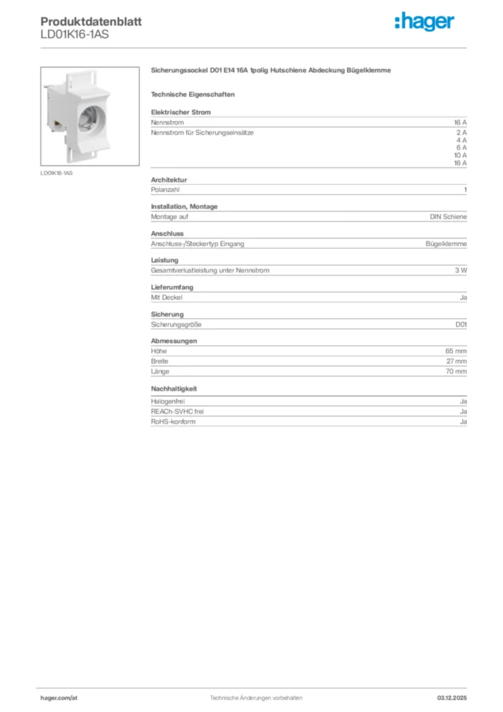 Bild Hager Produktdatenblatt LD01K16-1AS | Hager Deutschland