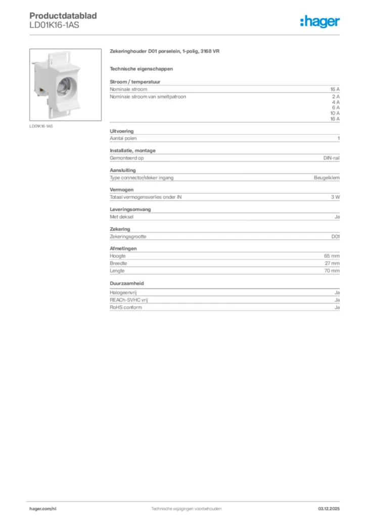 Afbeelding Hager Productdatablad LD01K16-1AS | Hager Nederland