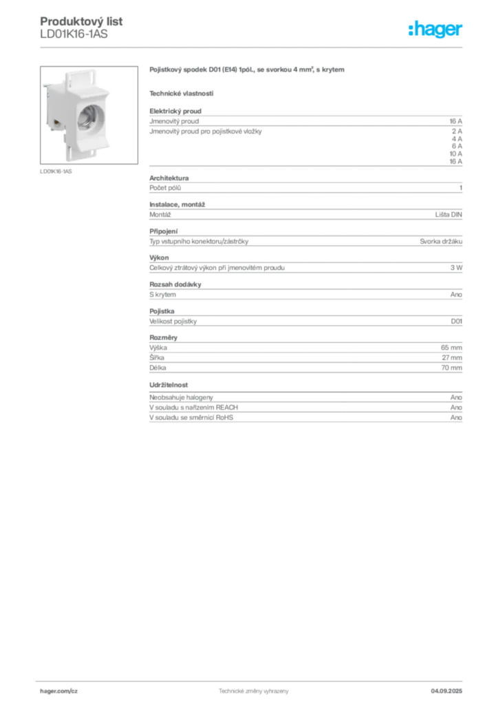 Obrázek Hager Produktový list LD01K16-1AS | Hager