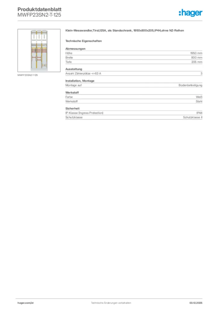 Bild Hager Produktdatenblatt MWFP23SN2-T-125 | Hager Deutschland