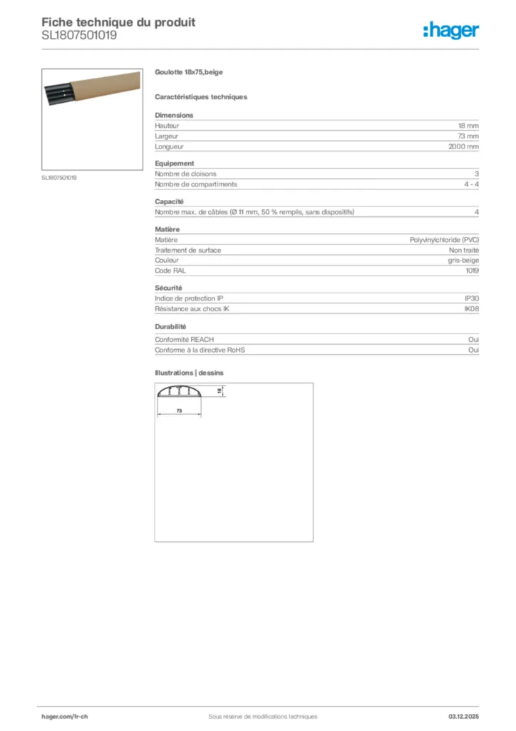 Image Hager Fiche technique du produit SL1807501019 | Hager Suisse