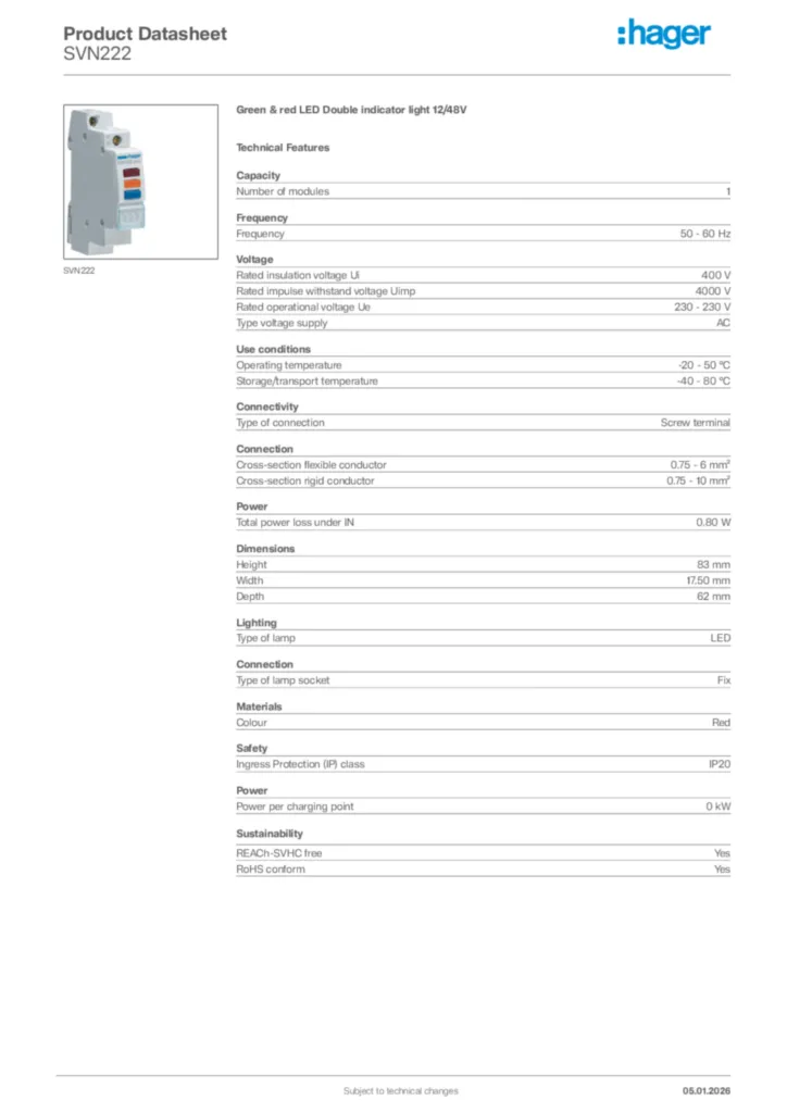 Image Hager Product data sheet SVN222  | Hager Africa