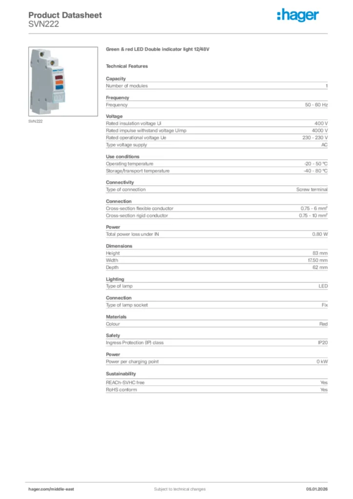 Image Hager Product data sheet SVN222  | Hager
