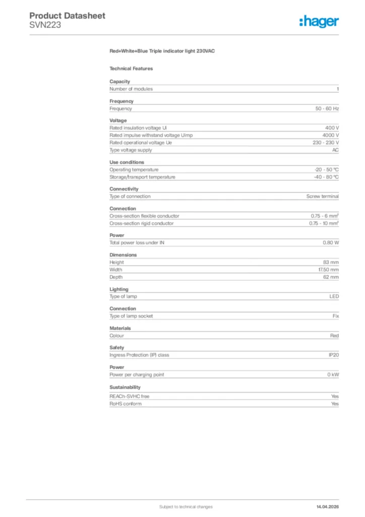 Image Hager Product data sheet SVN223  | Hager Africa