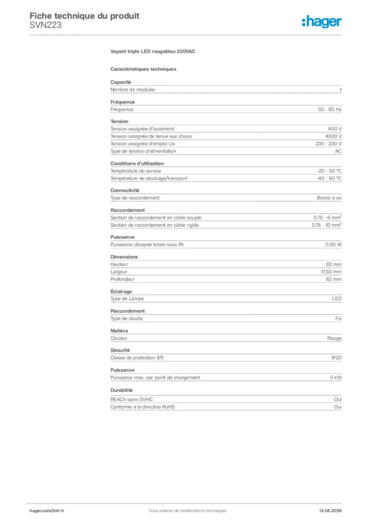 Image Hager Fiche technique du produit SVN223 | Hager Afrique