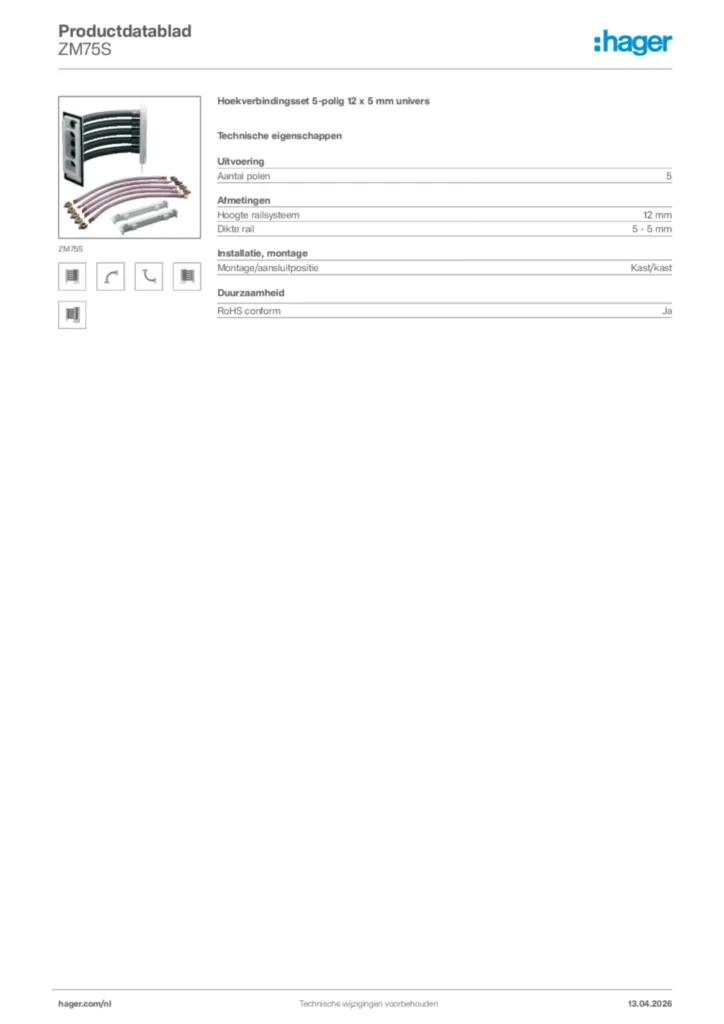 Afbeelding Hager Productdatablad ZM75S | Hager Nederland