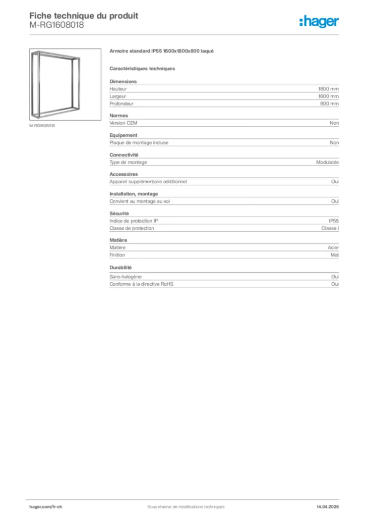 Image Hager Fiche technique du produit M-RG1608018 | Hager Suisse