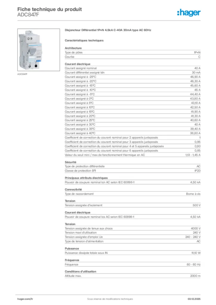 Image Hager Fiche technique du produit ADC847F | Hager France