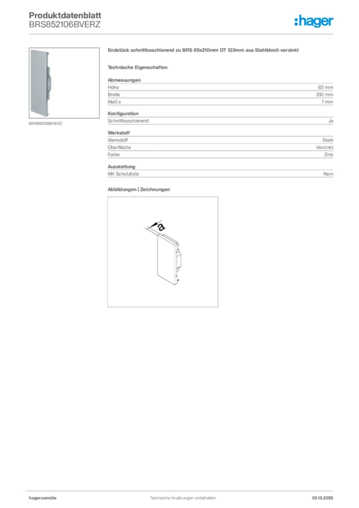 Bild Hager Produktdatenblatt BRS852106BVERZ | Hager Deutschland