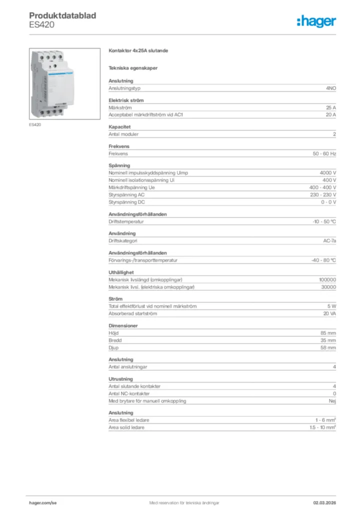 Bild Hager Produktdatablad ES420 | Hager Sverige