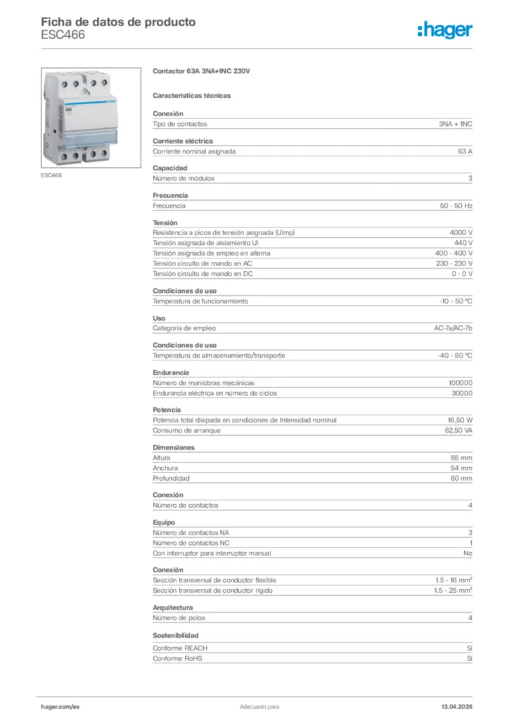 Imagen Hager Ficha de datos de producto ESC466 | Hager España