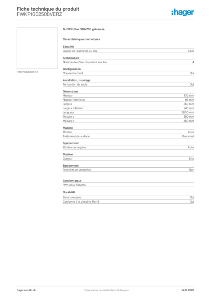 Image Hager Fiche technique du produit FWKP1002508VERZ | Hager Suisse