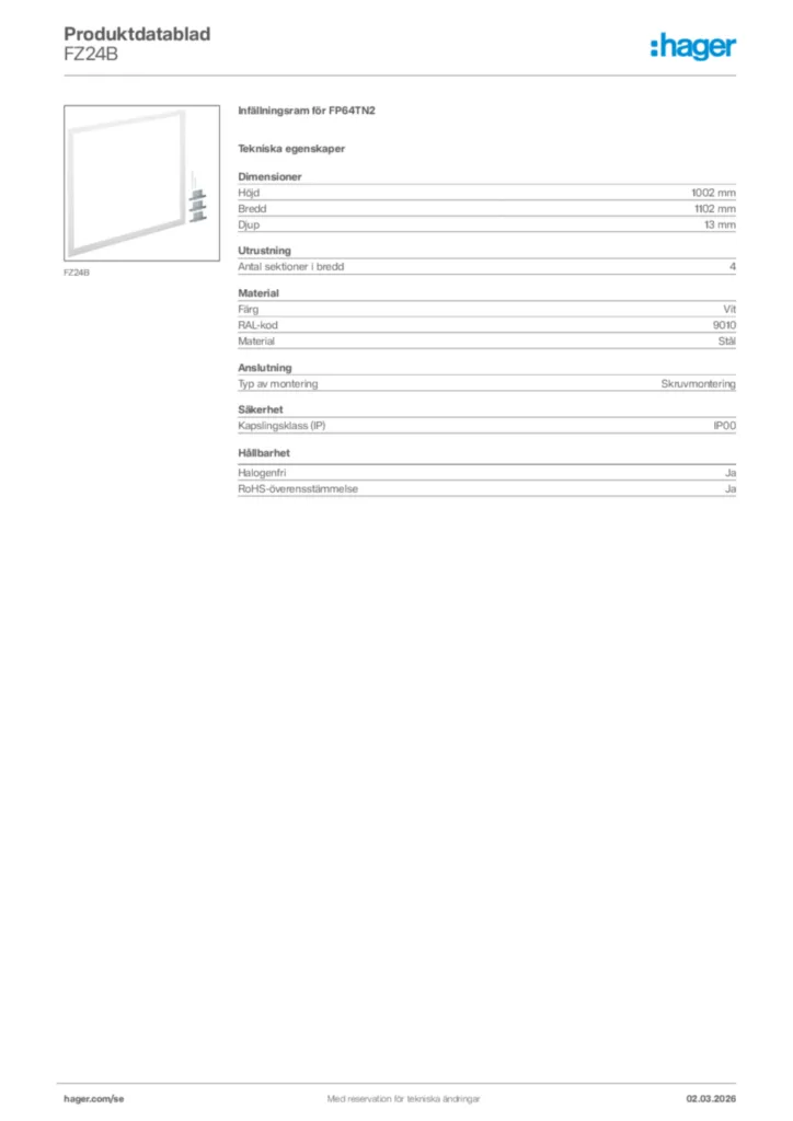 Bild Hager Produktdatablad FZ24B | Hager Sverige