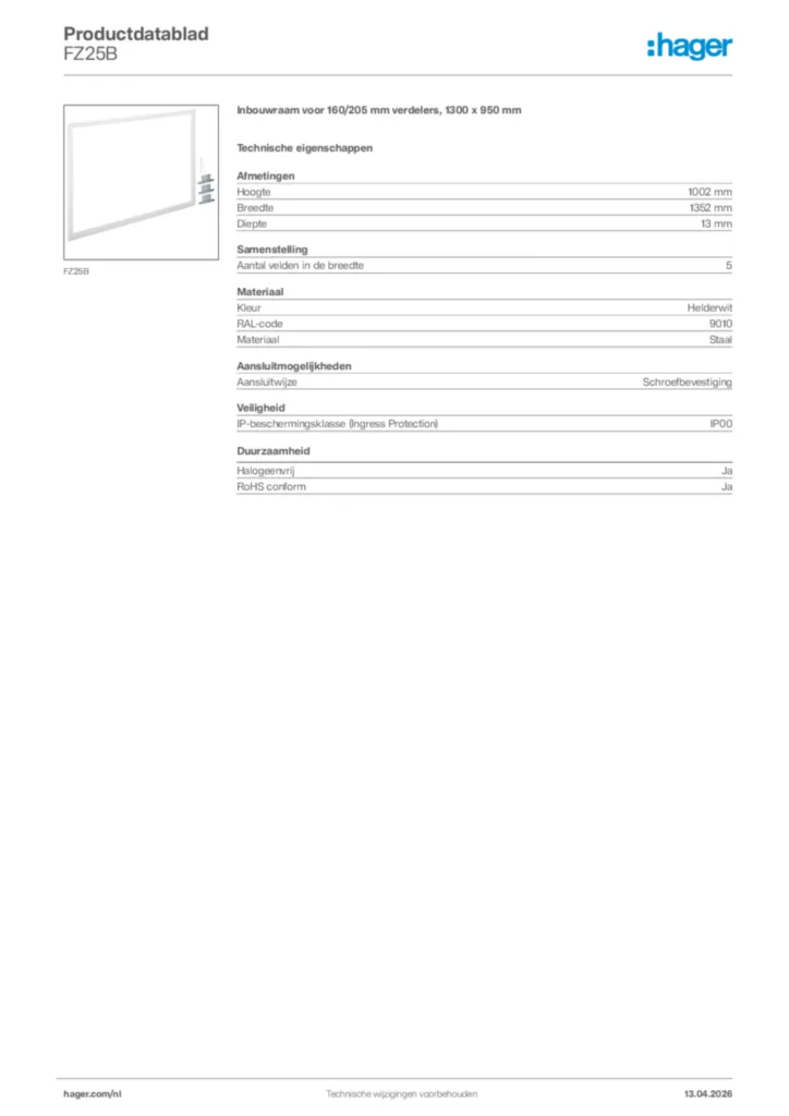 Afbeelding Hager Productdatablad FZ25B | Hager Nederland