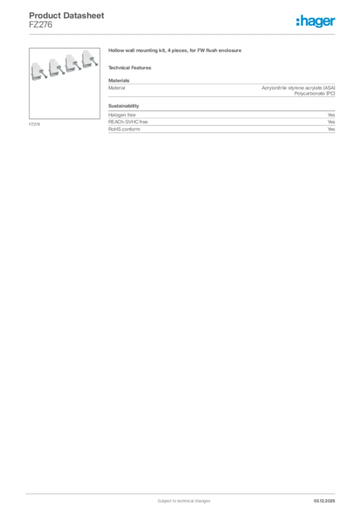 Image Hager Product data sheet FZ276  | Hager Africa
