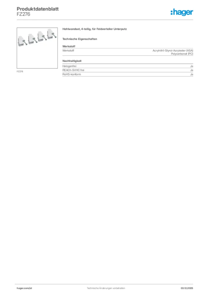 Bild Hager Produktdatenblatt FZ276 | Hager Deutschland