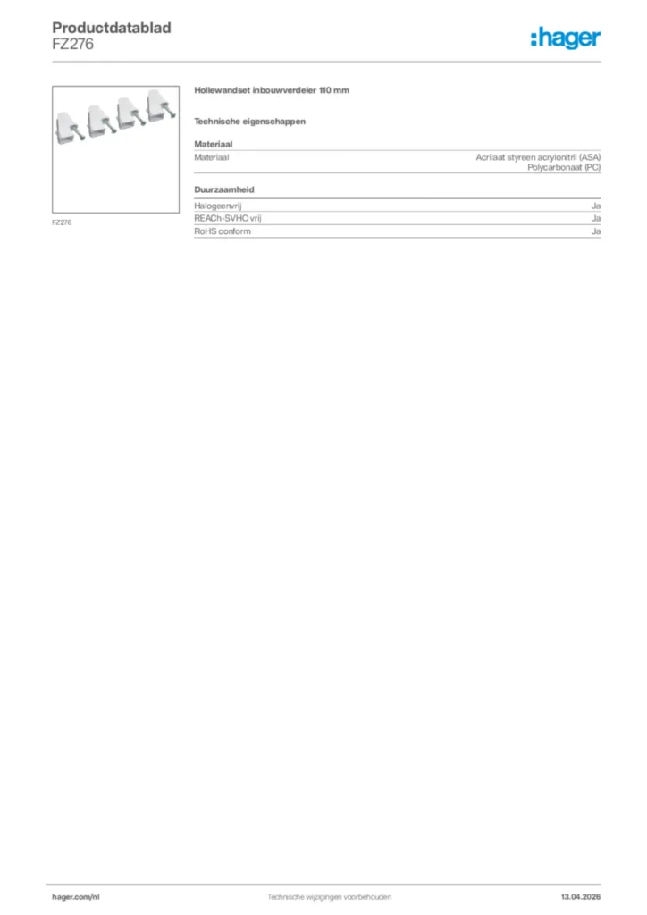 Afbeelding Hager Productdatablad FZ276 | Hager Nederland