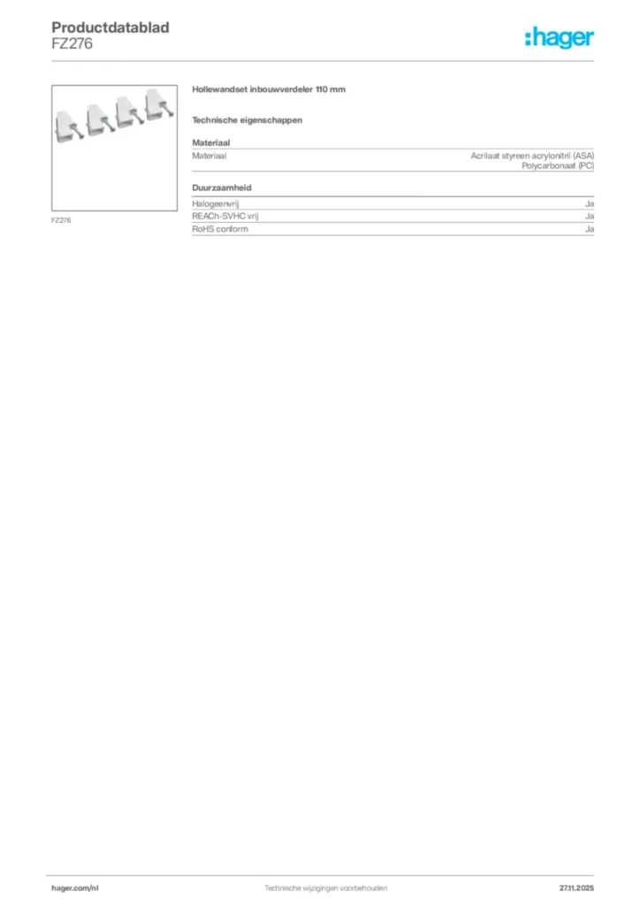 Afbeelding Hager Productdatablad FZ276 | Hager Nederland