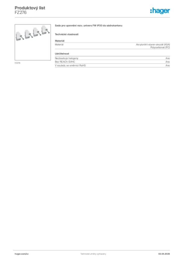 Obrázek Hager Product data sheet FZ276 | Hager
