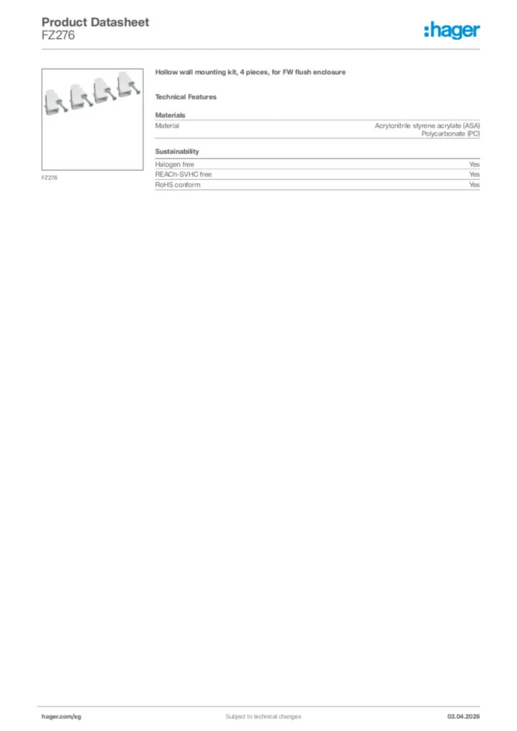 Image Hager Product data sheet FZ276  | Hager