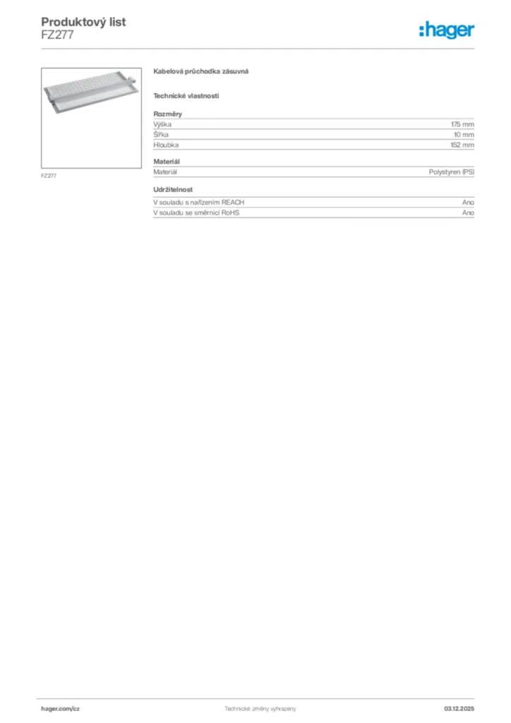 Obrázek Hager Produktový list FZ277 | Hager