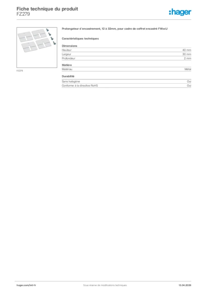 Image Hager Fiche technique du produit FZ279 | Hager Afrique