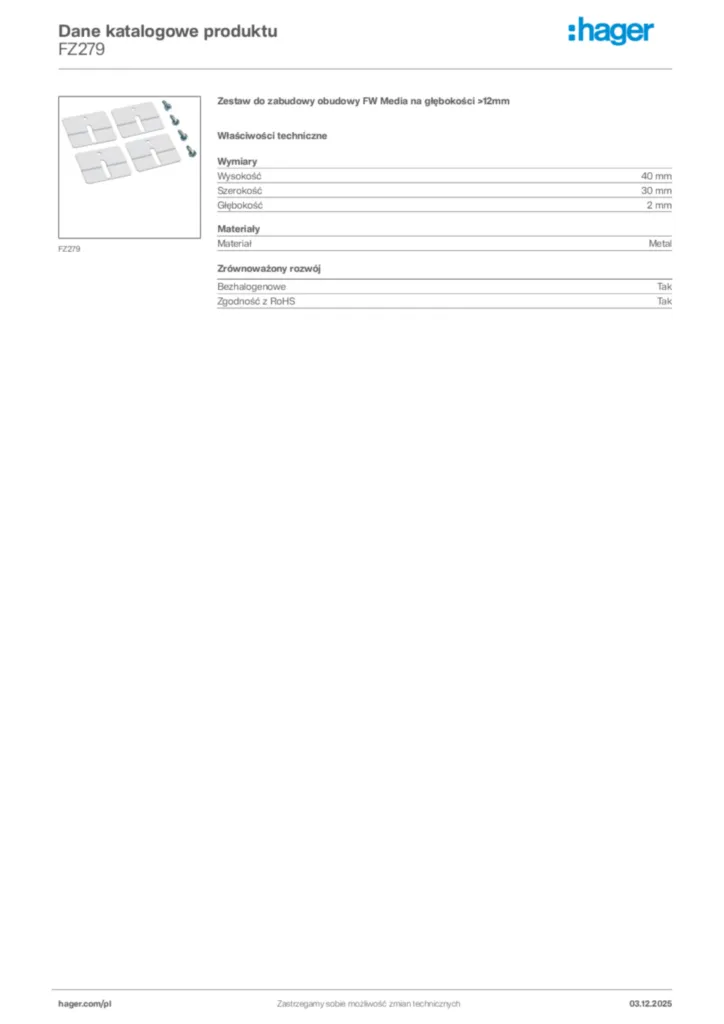 Zdjęcie Hager Dane katalogowe produktu FZ279 | Hager Polska