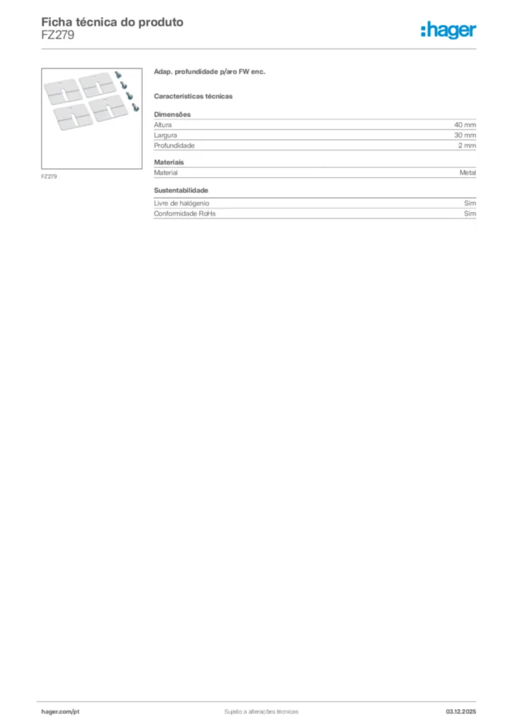 Imagem Hager Ficha técnica do produto FZ279 | Hager Portugal