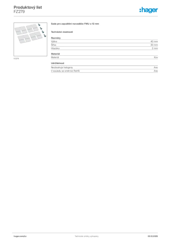 Obrázek Hager Product data sheet FZ279 | Hager