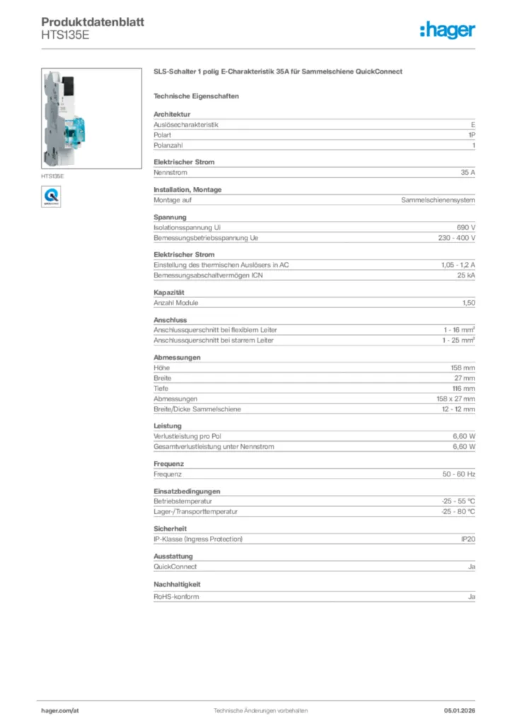 Bild Hager Produktdatenblatt HTS135E | Hager Deutschland