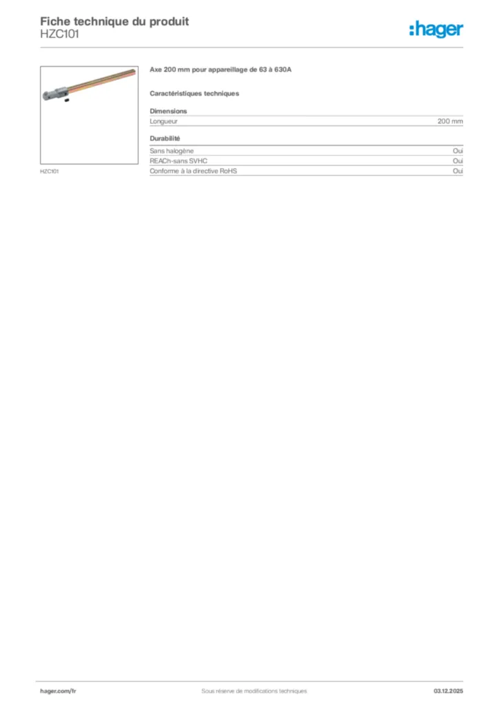 Image Hager Fiche technique du produit HZC101 | Hager France