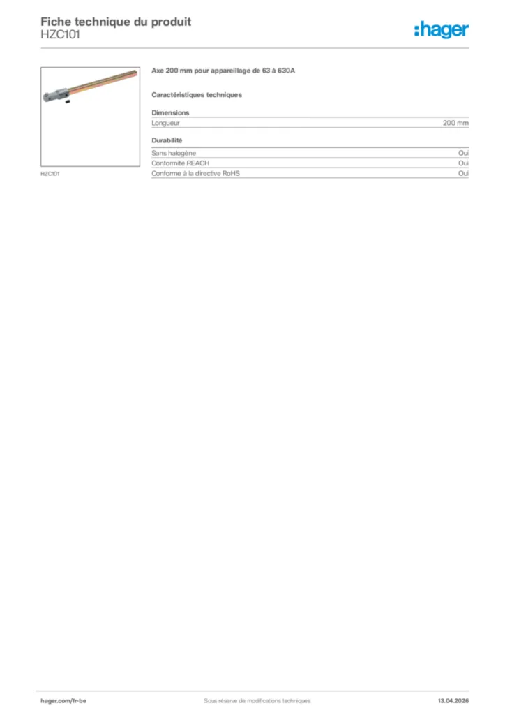 Image Hager Fiche technique du produit HZC101 | Hager Belgique