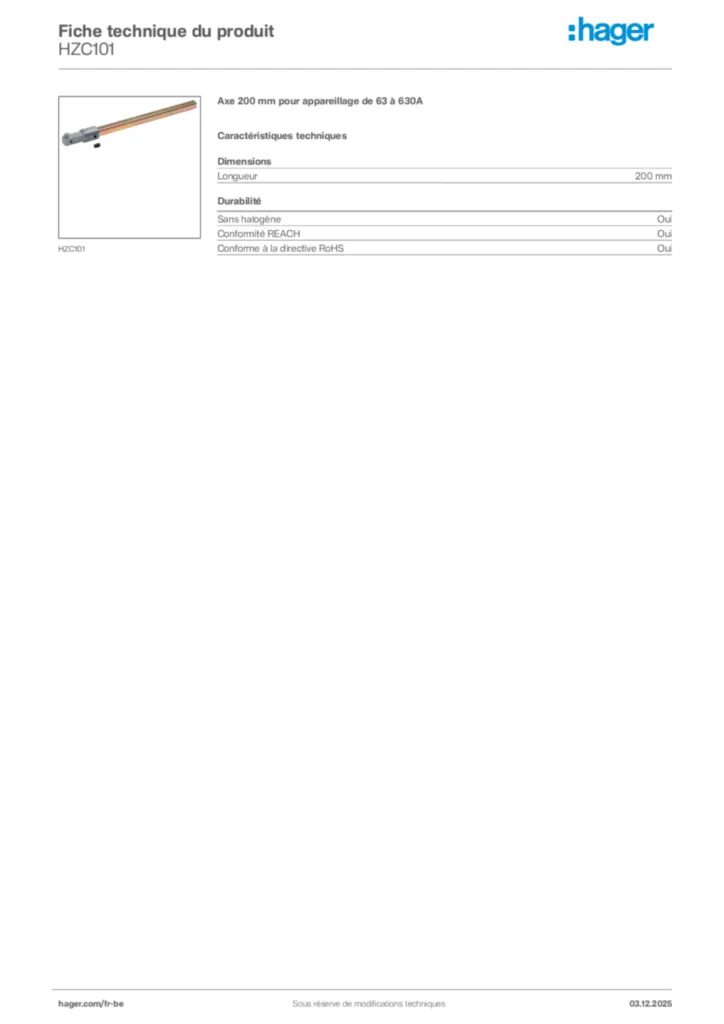 Image Hager Fiche technique du produit HZC101 | Hager Belgique