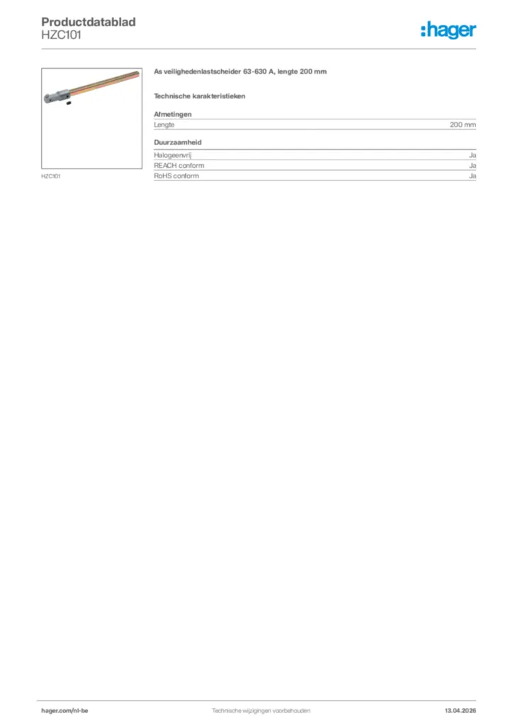 Afbeelding Hager Productdatablad HZC101 | Hager Belgium