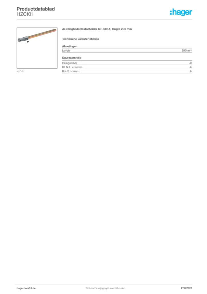 Afbeelding Hager Productdatablad HZC101 | Hager Belgium