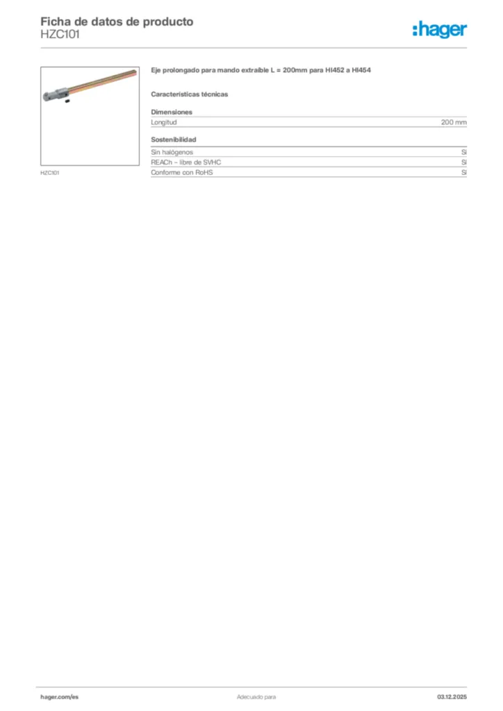 Imagen Hager Ficha de datos de producto HZC101 | Hager España