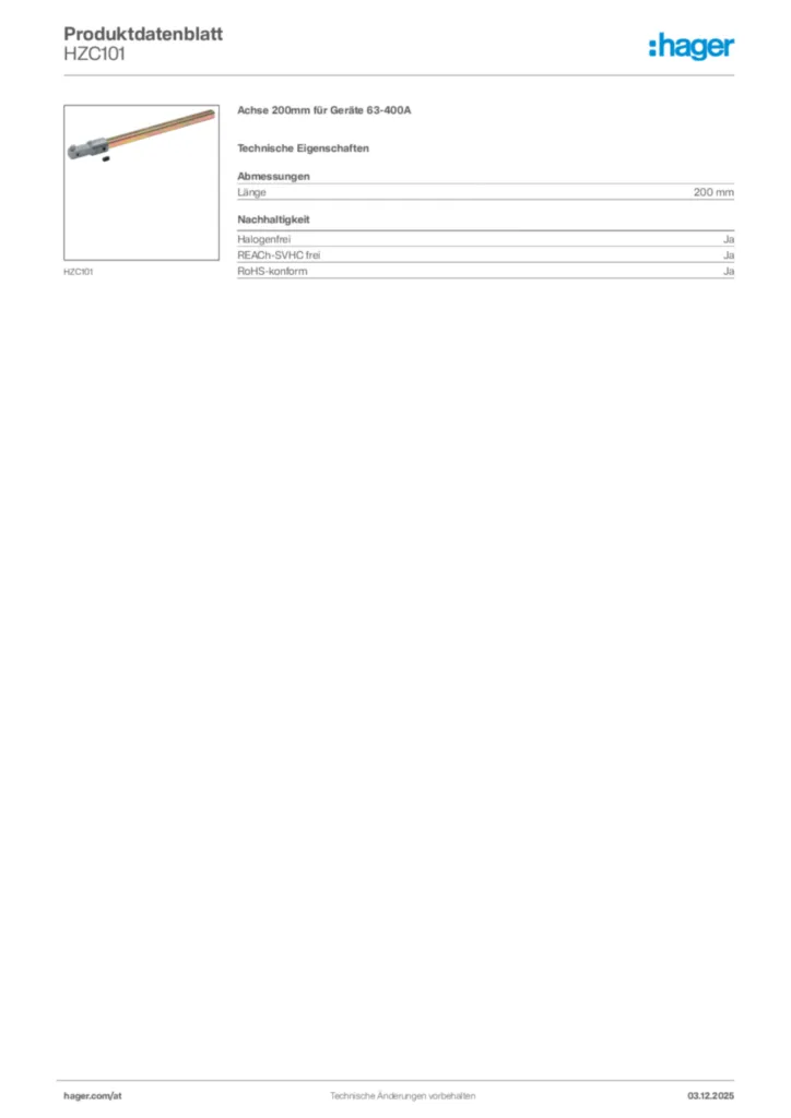 Bild Hager Produktdatenblatt HZC101 | Hager Deutschland
