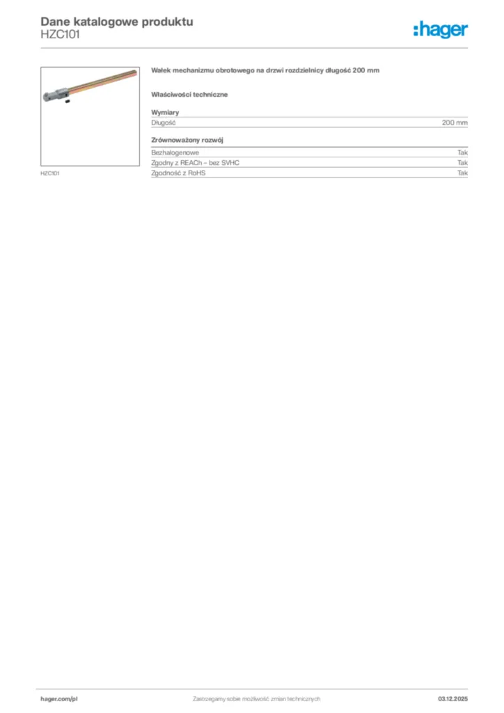 Zdjęcie Hager Dane katalogowe produktu HZC101 | Hager Polska